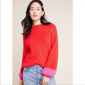 Line And Dot Red Ribbed Knit Sweater Womens XL Pullover Pink Balloon Sleeve